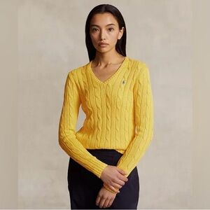 Ralph Lauren Women's V-neck Cotton Sweater Cable Knit Yellow XL